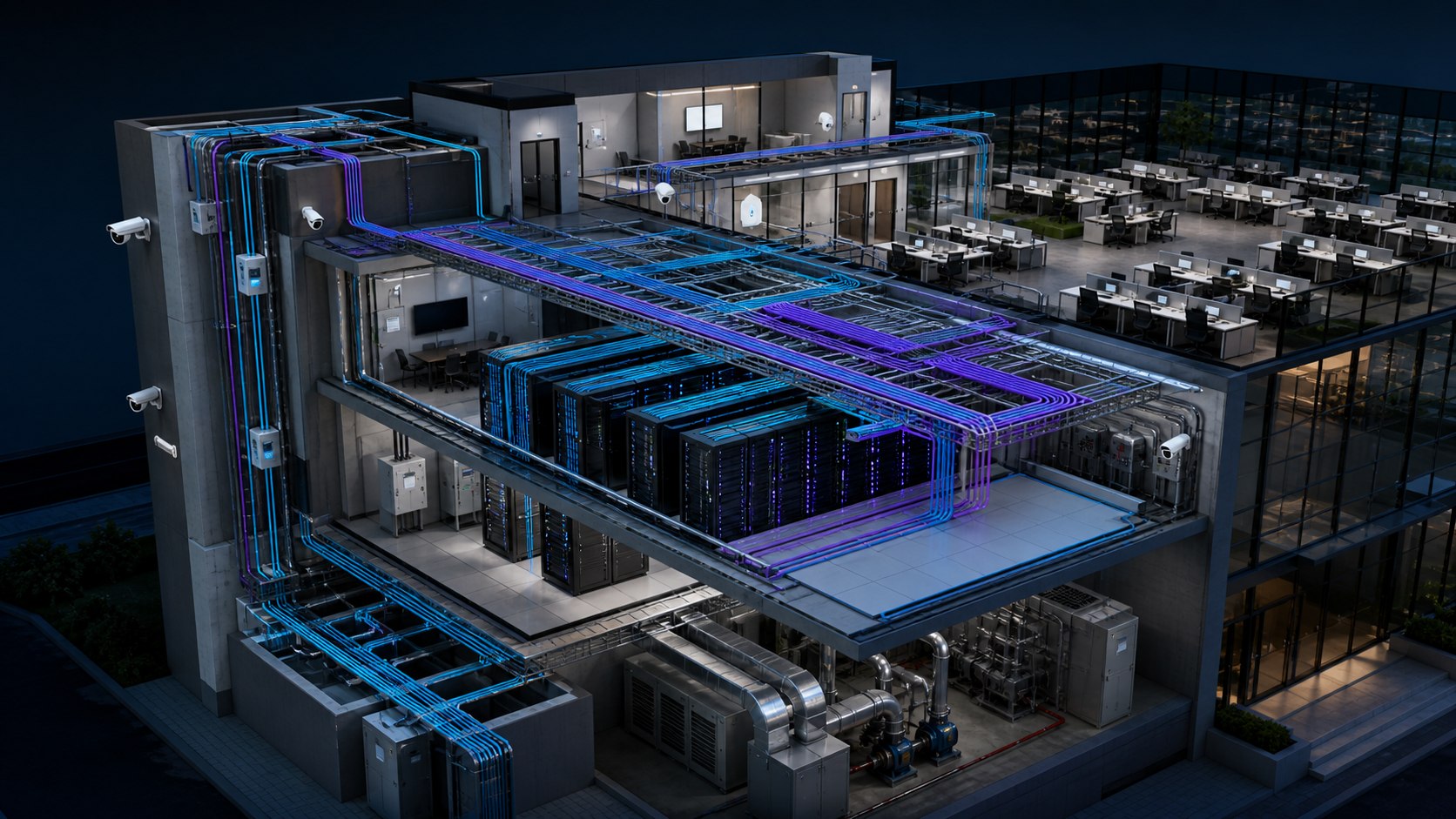 Modelo BIM de comunicação e dados com cabeamento, racks e sistemas de automação