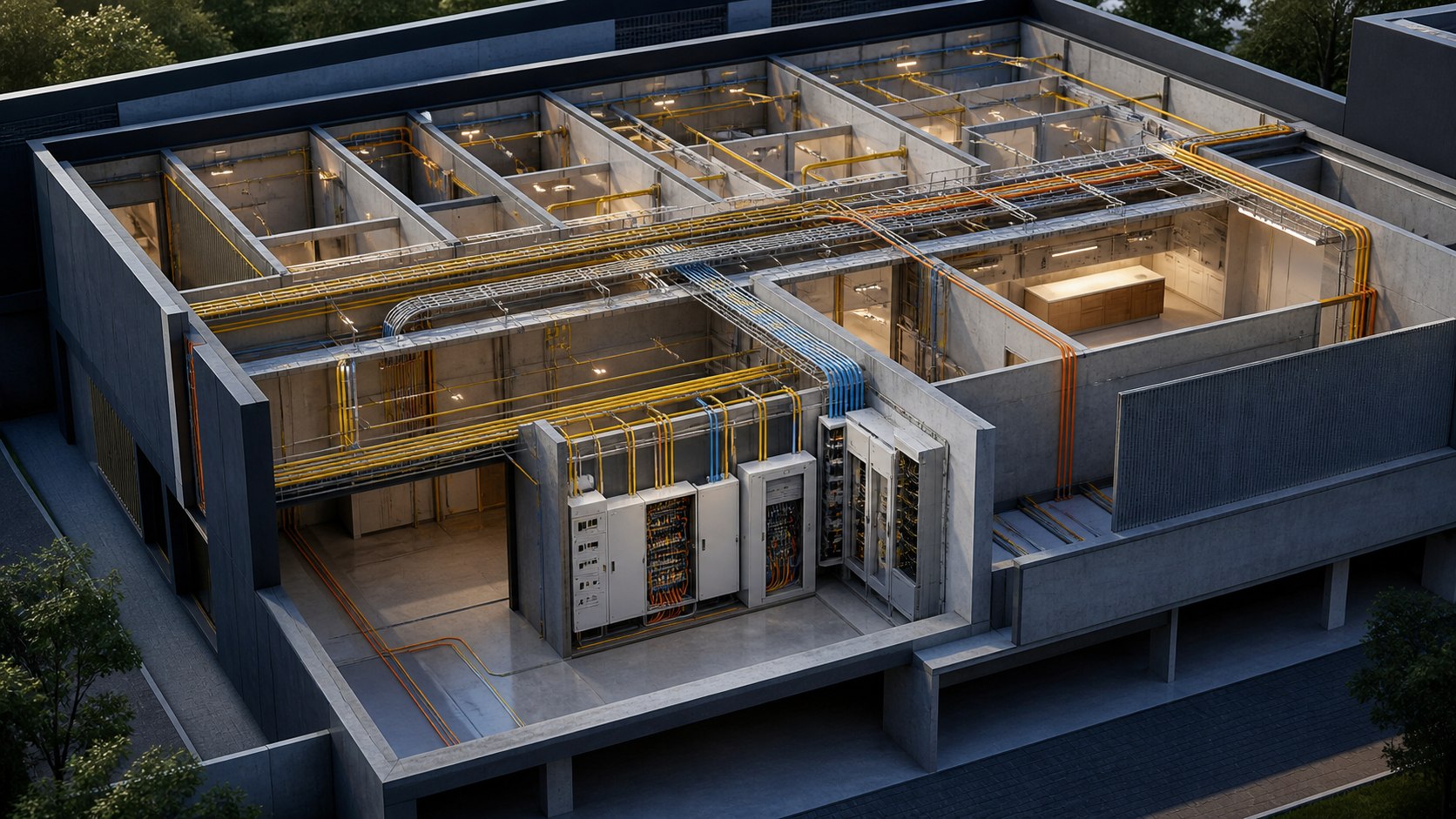 Modelo BIM de instalações elétricas com eletrodutos, bandejas e quadros coordenados