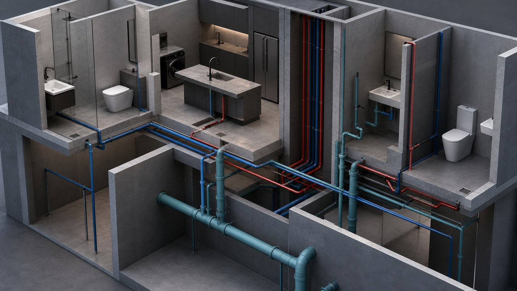 Modelo BIM hidrossanitário com redes de água, esgoto e ventilação coordenadas