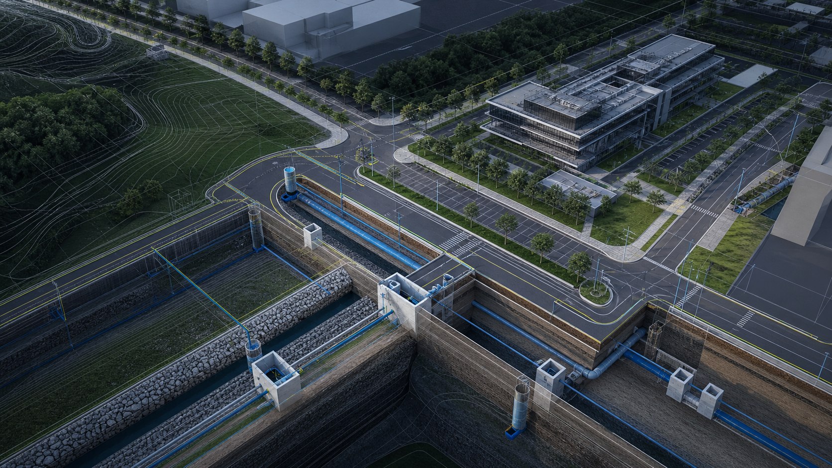 Modelo BIM de infraestrutura urbana com vias, drenagem, redes e terraplenagem
